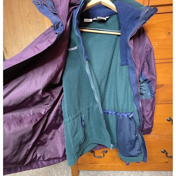 Vintage Columbia Long’s Peak Two Piece Coat Small Purple Green Fleece Lined Hood - Picture 14 of 16